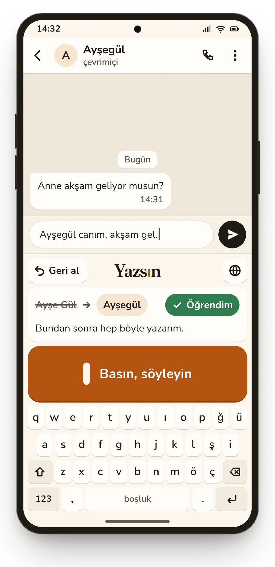 Düzeltme ekranı: Ayşe Gül üstü çizili, yerine Ayşegül. Yeşil Öğrendim etiketi.